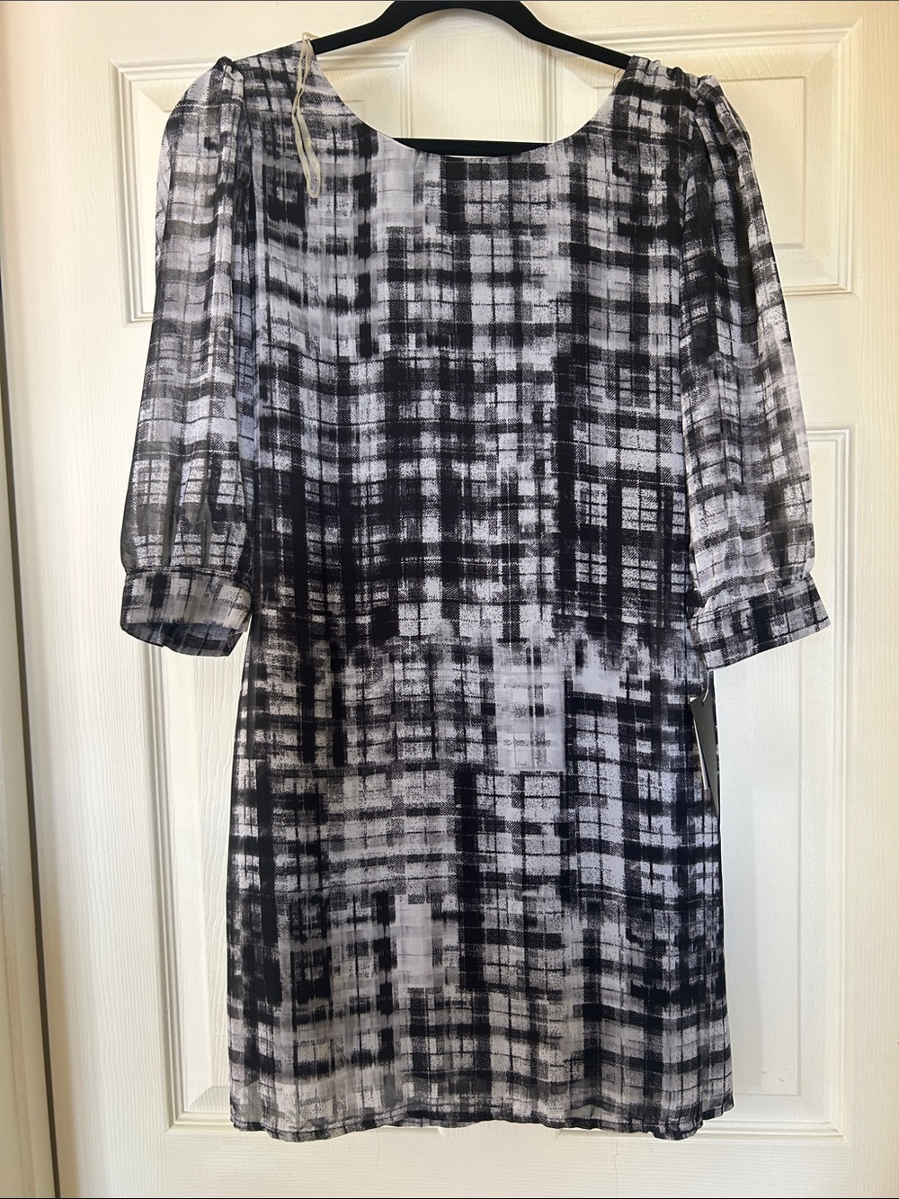 Black & White Plaid Sheer Sleeve Shift Dress